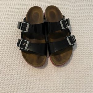 Black and Pink Birkenstock Arizona Slides
